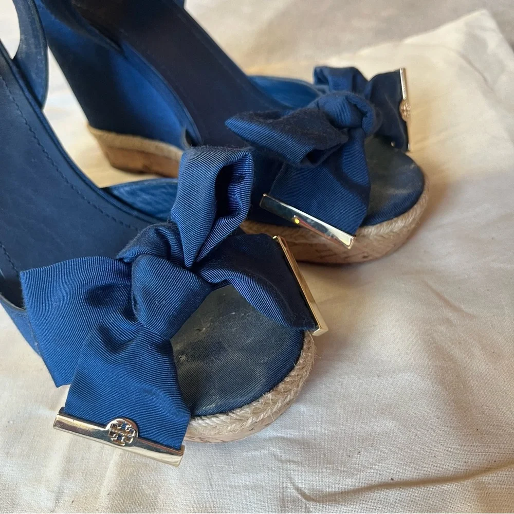 Tory Burch Blue Canvas and Leather Espadrille Wedge Ankle Strap Sandals